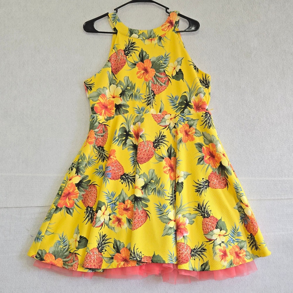 Knitworks Girls Size 20 1/2 Yellow Pineapple Hibiscus Floral Tulle Hem Dress
